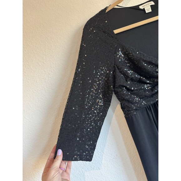 Boston Proper Women's Black Sequin Evening Blouse V Neck 3/4 Sleeve Flowy Medium - Picture 3 of 10